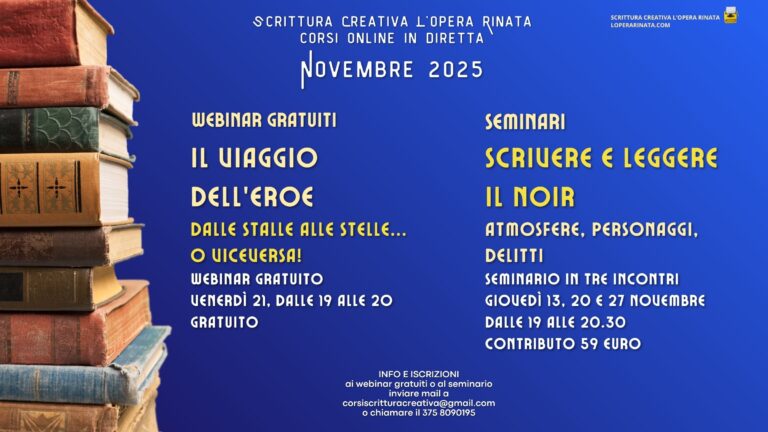 webinar gratuiti e seminari di scrittura creativa novembre 2025. Con Valter Carignano. Scrittura Creativa L'Opera Rinata.