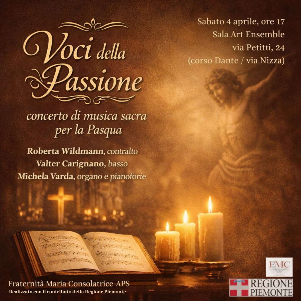 Locandina del concerto Voci della Passione - Musica sacra per la Pasqua a Torino con Roberta Wildmann, Valter Carignano e Michela Varda