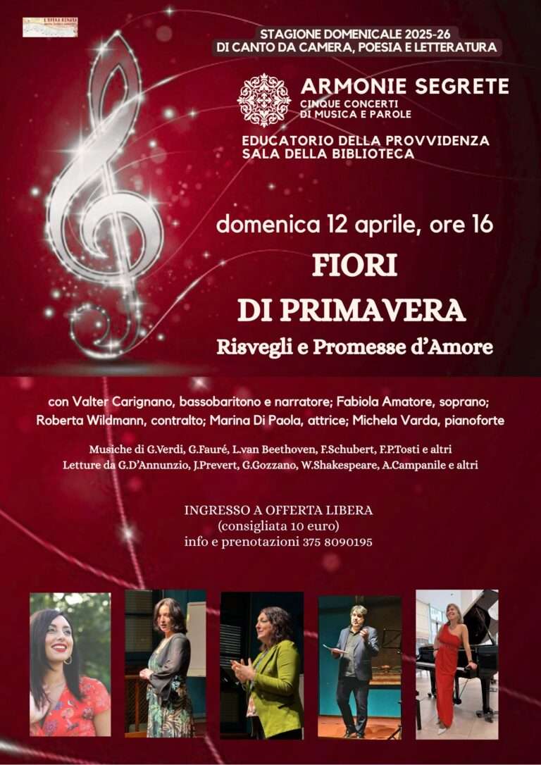 Concerto di Musica Vocale da Camera, Poesia e Narrazione domenica 12 aprile alle 16. Torino, corso Trento 13, Biblioteca dell'Educatorio della Provvidenza.