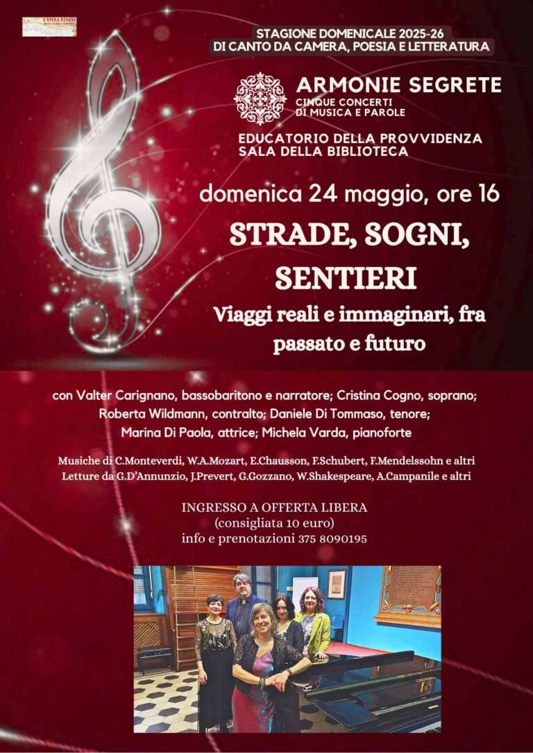 Locandina del concerto Strade, Sogni, Sentieri a Torino, 24 maggio 2026. Evento della stagione Armonie Segrete con musica da camera e letture letterarie.