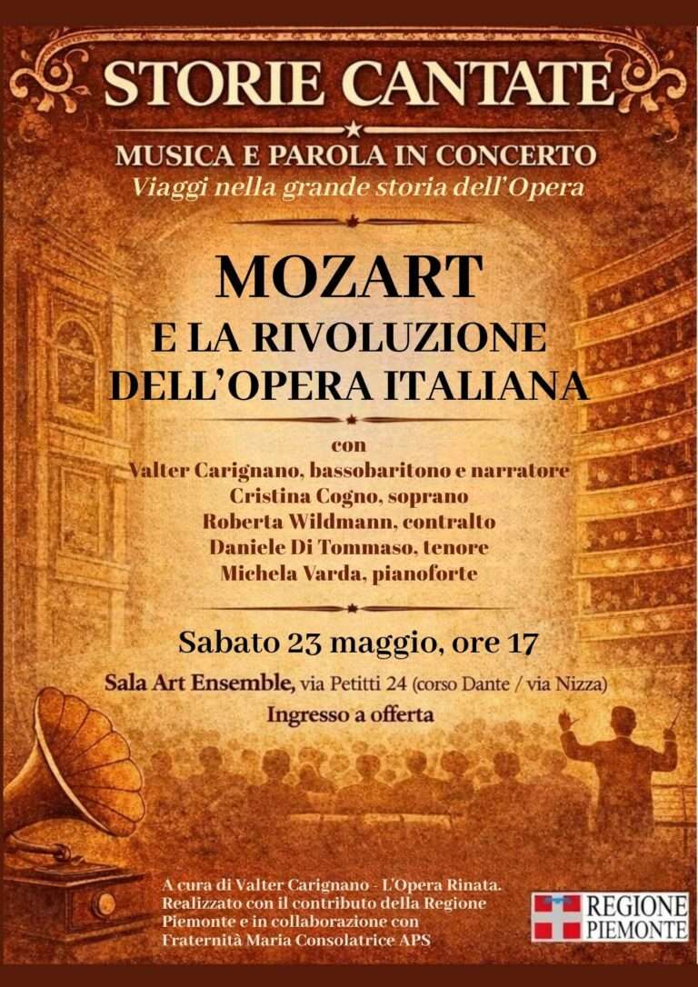 Locandina del concerto Storie Cantate: Mozart e la rivoluzione dell'opera italiana a Torino con Valter Carignano e L'Opera Rinata.