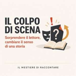 Immagine principale dell’articolo “Il colpo di scena”, con maschere teatrali, punto interrogativo e libro aperto, dedicata alla scrittura creativa.