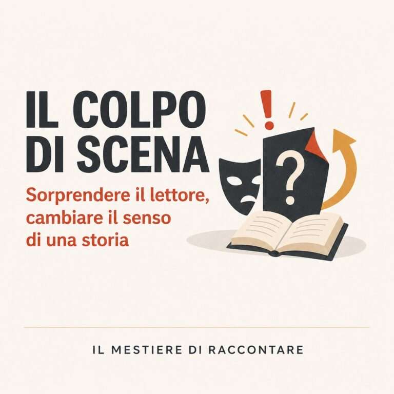 Immagine principale dell’articolo “Il colpo di scena”, con maschere teatrali, punto interrogativo e libro aperto, dedicata alla scrittura creativa.