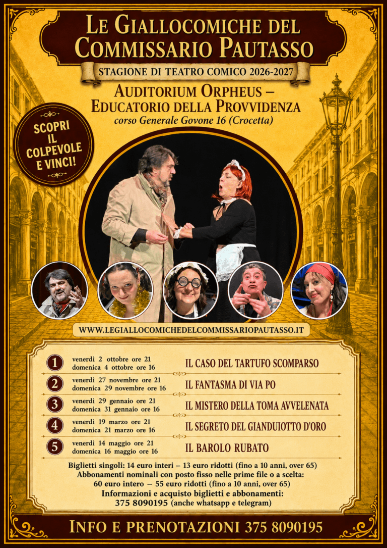 Locandina della stagione 2026-2027 delle Giallocomiche del Commissario Pautasso all’Auditorium Orpheus – Educatorio della Provvidenza di Torino.