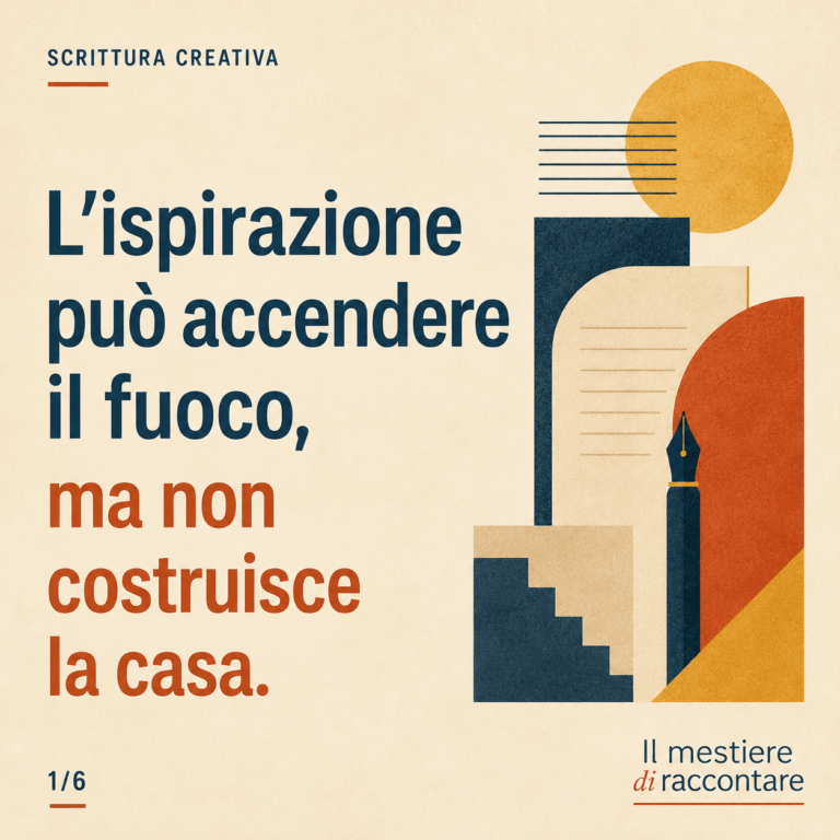 Grafica editoriale con citazione sulla scrittura creativa e sul mestiere dello scrivere