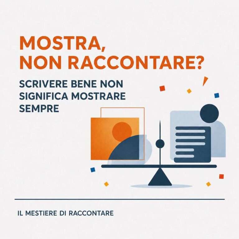 Grafica del corso on demand di scrittura creativa “Mostra, non raccontare… o no?”, dedicato a scena, racconto e distanza narrativa.