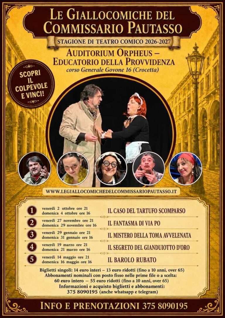Locandina della stagione 2026-2027 delle Giallocomiche del Commissario Pautasso all’Auditorium Orpheus di Torino, con cinque spettacoli di teatro comico.