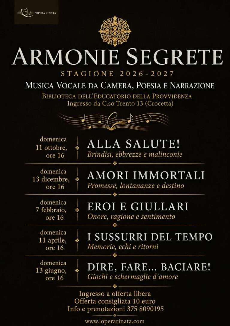 Locandina della stagione Armonie Segrete 2026-2027: musica vocale da camera, poesia e narrazione alla Biblioteca dell’Educatorio della Provvidenza di Torino.