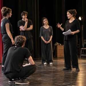 Corso di teatro a Torino con insegnante e allievi durante un laboratorio sul palcoscenico