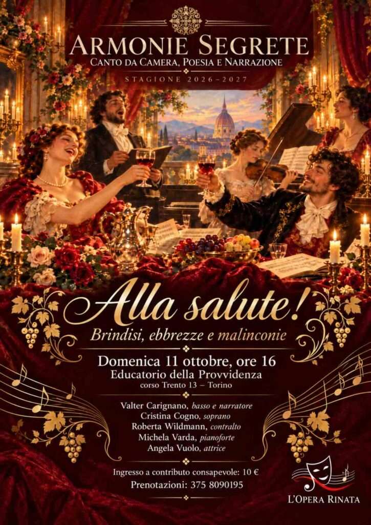 Locandina dello spettacolo: ALLA SALUTE! della stagione Armonie Segrete, musica, poesia e narrazione a Torino.
