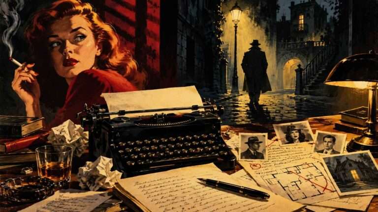 Illustrazione in stile noir anni Quaranta e Cinquanta con macchina da scrivere, manoscritti, personaggi misteriosi e atmosfera da romanzo giallo.