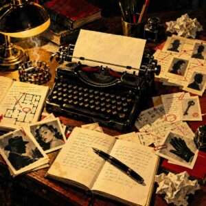 Illustrazione in stile noir vintage con macchina da scrivere, quaderni, appunti, fotografie e indizi su una scrivania da scrittore di gialli.