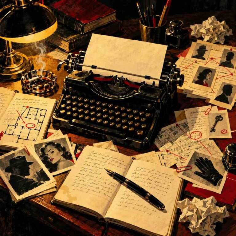 Illustrazione in stile noir vintage con macchina da scrivere, quaderni, appunti, fotografie e indizi su una scrivania da scrittore di gialli.
