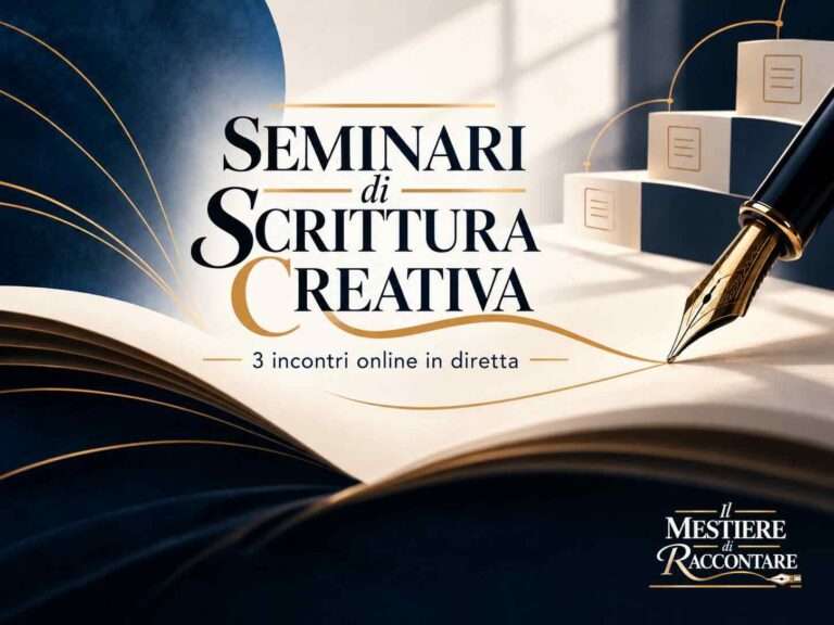 Immagine dei seminari di scrittura creativa del progetto Il mestiere di raccontare, con libro aperto, pennino stilografico e indicazione dei 3 incontri online in diretta.